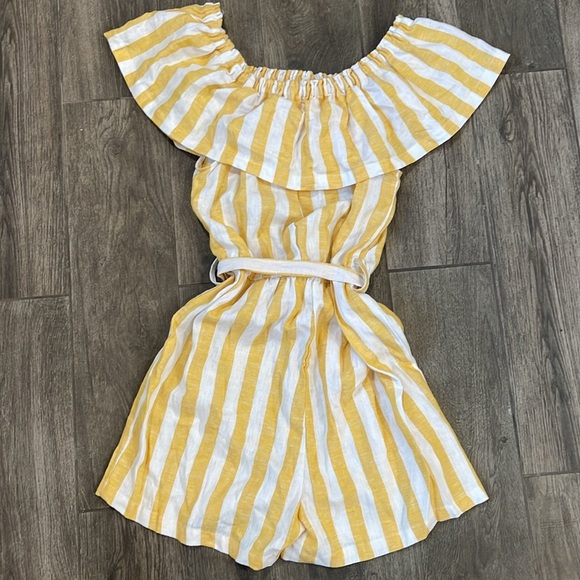 Love Tree Striped Yellow and White Linen Romper - Picture 3 of 4